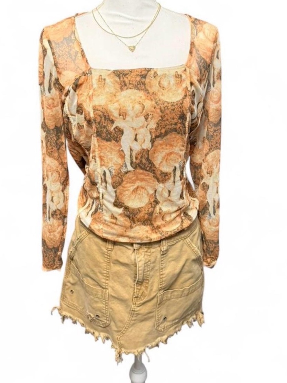 Fashion Nova Peach Floral Cherub Square-Neck Long Sleeve Top